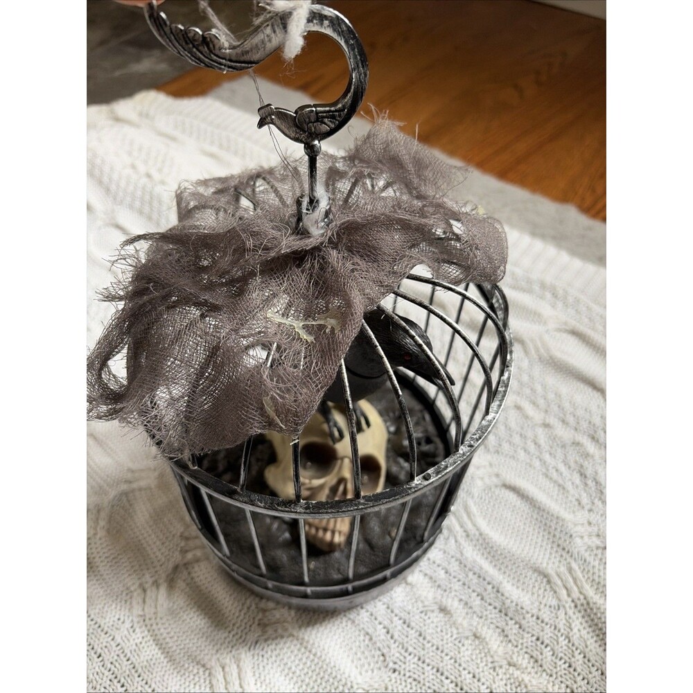 Animated Talking Raven Crow in Cage Skull Halloween Prop Motion Light Sound Work